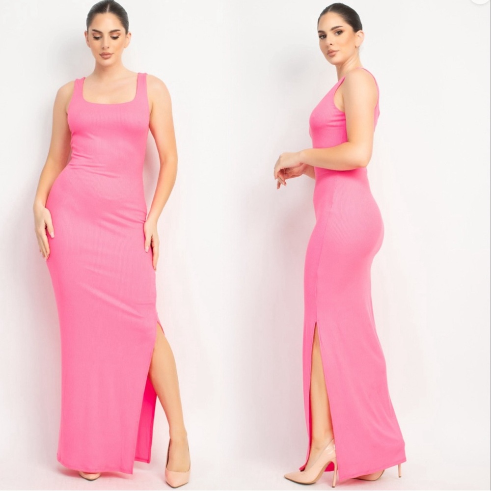 Neon pink ribbed maxi dress